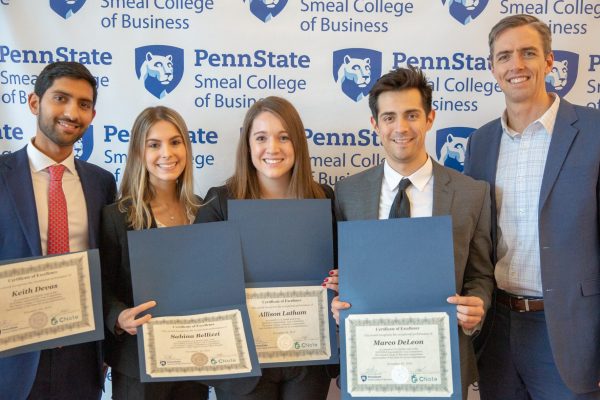 Allison Latham, Two-Year MBA '20, with her team celebrating a second-place finish at the 2018 MBA Sustainability Case Competition at Penn State Smeal College of Business