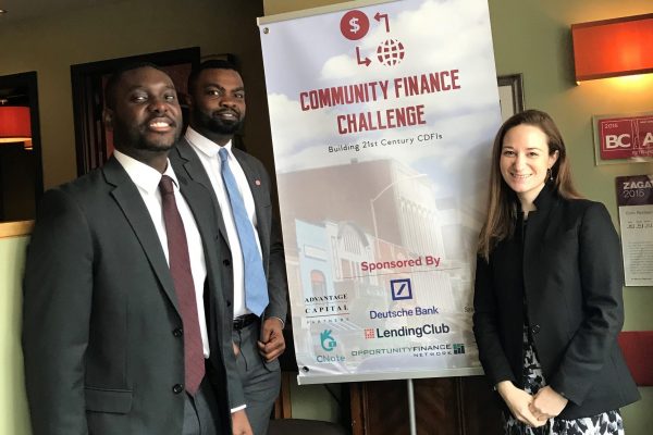 Lindsey Staley, Two Year MBA 19, takes a photo with her case competition team, Quincy Bedeau and Kevon Coppage, both Two Year MBAs 19