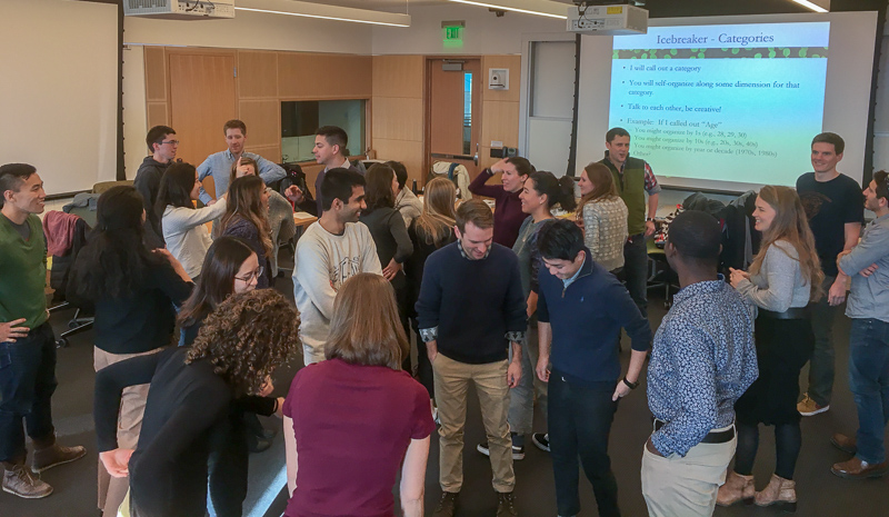 Students interacting during an icebreaker 