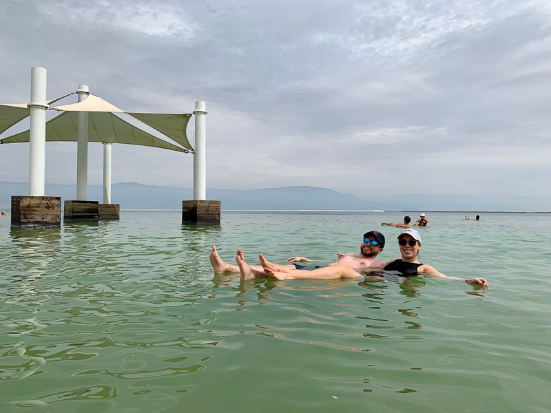 Katie and Nick floating in the Dead Sea