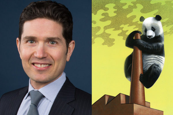 portrait of Professor Christopher Marquis next to an illustration of a panda trying to stop the flow of black smoke billowing out of a factory chimney