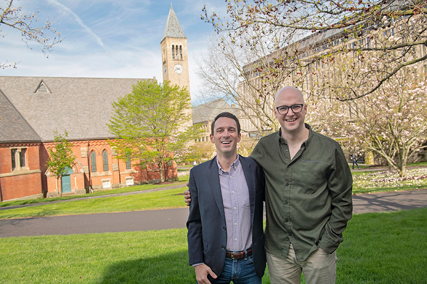 portrait of Harrison Jobe and Michale Brady, outside on the Cornell campus