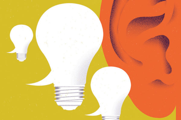 illustration of an ear listening to ideas as represented by lightbulbs