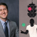 photo of Professor Isaac Smith next to an illustration of a silhouette of a boy juggling red, yellow, and green circles under the silhouette of a traffic light