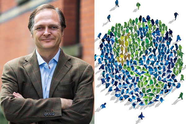 photo of Wes Sine next to an illustration depicting a multitude of human figures making up a world, some green, some yellow, some blue, forming the yin and yang symbol
