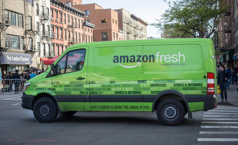 Amazon Fresh delivery van in an urban area