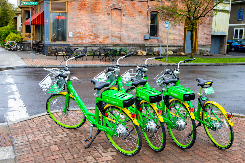 Line of Lime Bikes on Ithaca street