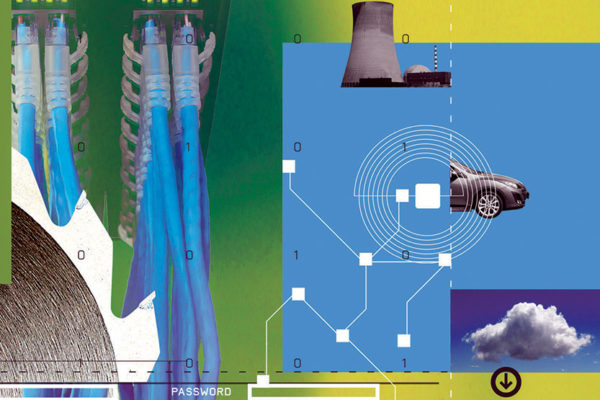 illustration of digital icons inckuding a circular saw cutting through wiring