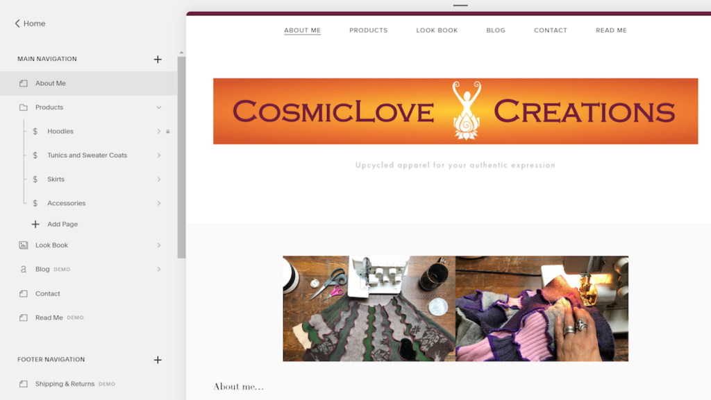 Screenshot showing a website builder tool the homepage of the newly created CosmicLove Creations site