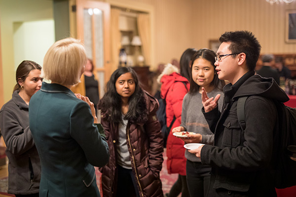 Katherine Gehl speaking with students