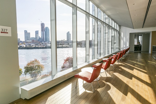 Empty chairs overlook the view from Tata Innovation Center at Cornell Tech.
