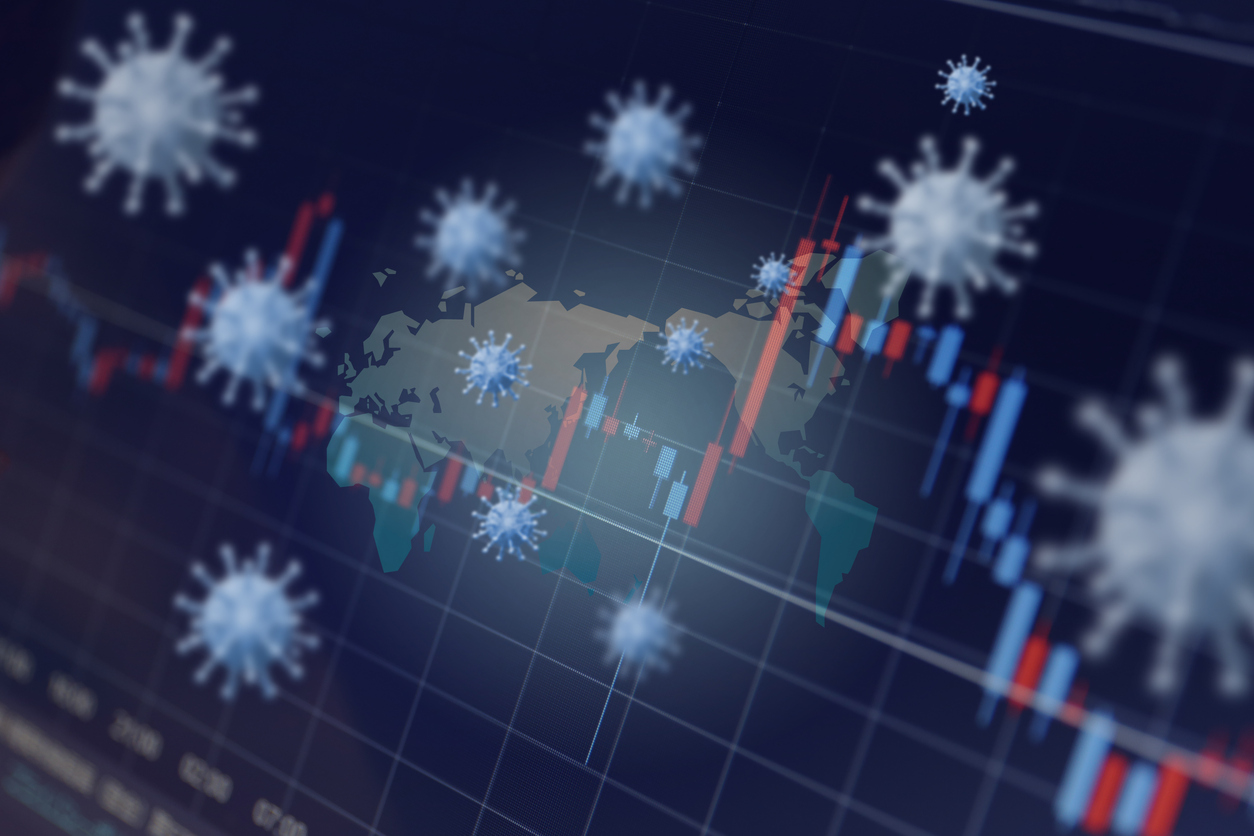 Illustration of economic charts, a map, and covid-19 virus