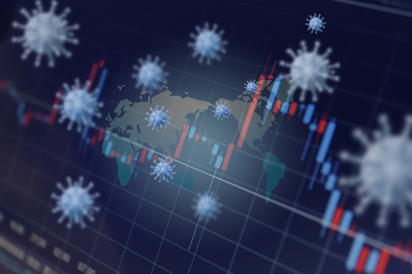 the coronavirus and the global economy. image of virus cells and market trend graph