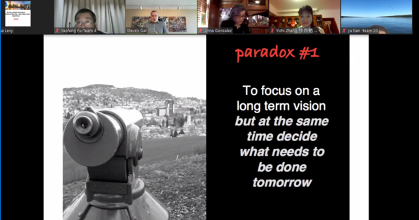 A Zoom slide reads “Paradox #1: To focus on long term vision but at the same time decide what needs to be done tomorrow”