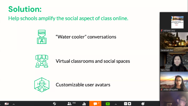 A slide that reads: Solution: Help schools amplify the social aspect of class online