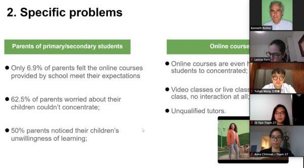 A screenshot shows participants and a presentation slide that details specific problems their business model would solve