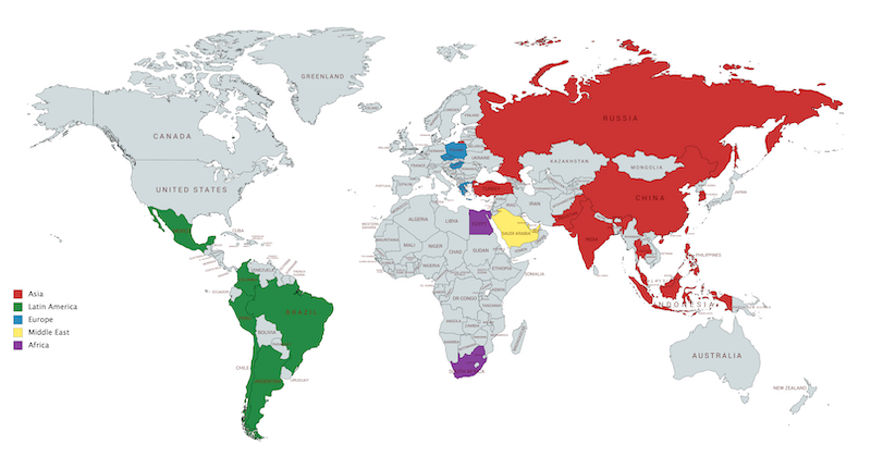 World map with regions highlighted