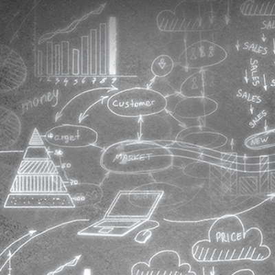 Chalkboard flowchart of business areas