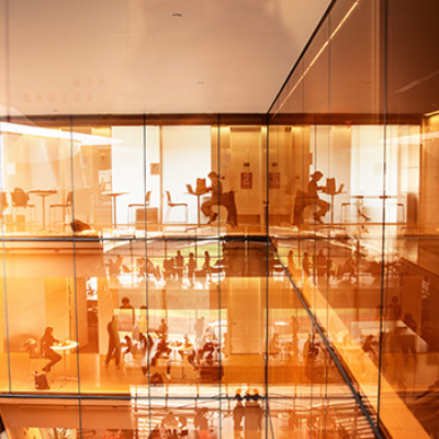 People working in a multi-level library/building