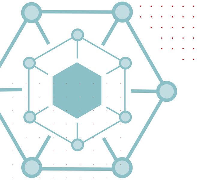 Fintech at Cornell Illustration: Hexagon in blue and red