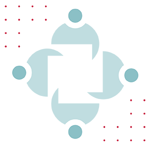 Cornell Fintech Illustration: Blue/red circles and dots in a diamond shape