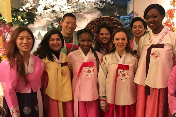 Students pose in traditional Korean ‘hanbok’ formal attire