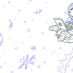 illustration showing Turtle’s mascot, a turtle, wearing a space helmet and floating in the universe while typing on a laptop computer