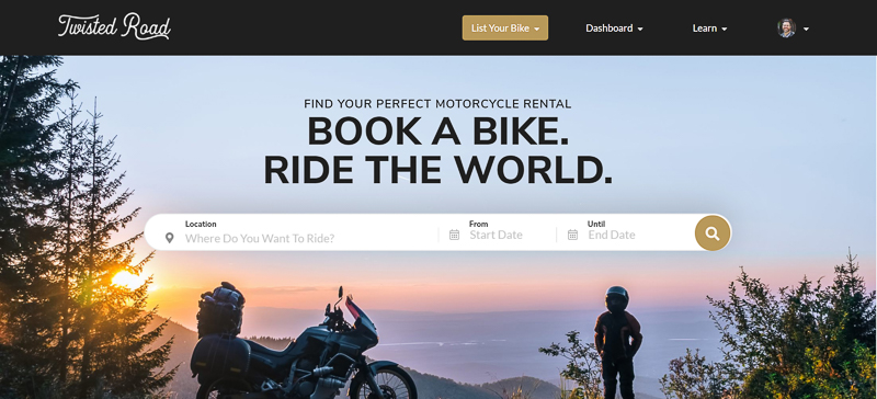 Screen capture of the Twisted Road website: Book a Bike, Ride the World