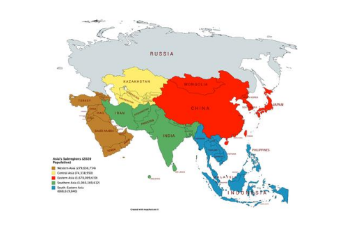 Asia’s Subregions map. The map highlights the Asian countries.