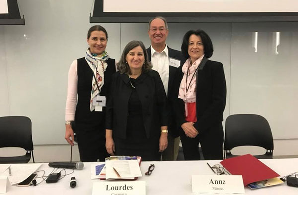 photo (left to right) Veneta Andonova, dean of the Faculty of Management at the University of Los Andes Colombia, Lourdes Casanova, Gail and Roberto Cañizares Director of the Emerging Markets Institute, Roberto Cañizares '71, MBA '74, and Anne Miroux, standing behind a conference table at the 2017 Emerging Markets Institute conference, Nov. 28, 2017