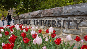 Spring tulips at the College Avenue entrance sign to Cornell Zoom background