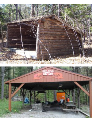 Two photos showing the more primitive sites and amenities at Camp Earth Connections – a log lean-to and a covered kitchen area with fire pit and picnic table