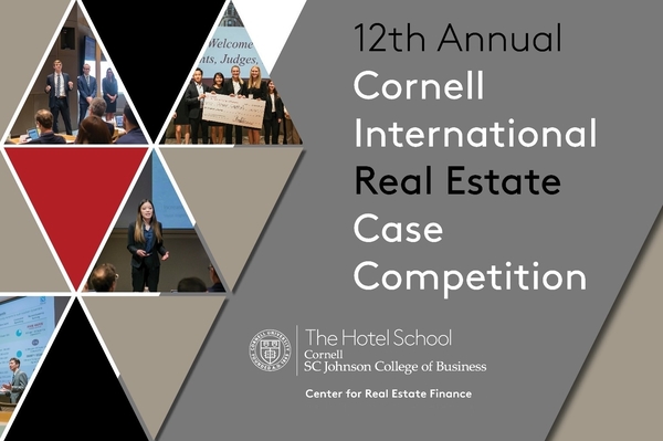 Title slide for Cornell International Real Estate Case Competition shows judges, winners, and students