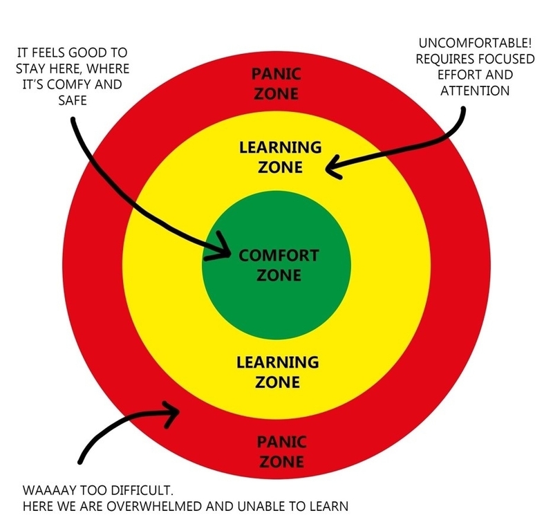 Diagram of concentric circles depicts the Panic Zone in red, the Learning Zone in orange and the Comfort Zone in green. 