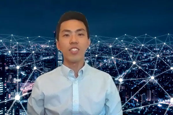 A picture of Trevor Sung in front of a virtual background giving a presentation.