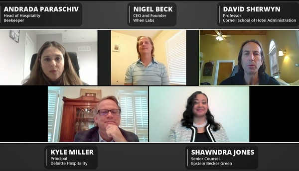 A group picture of panelist from the Employee-Oriented Tech webinar: Andrada Paraschiv from Beekeeper, Nigel Beck from When Labs, David Sherwyn from Cornell, Kyle Miller, from Deloitte Hospitality, and Shawndra Jones from Epstein Becker Green. 