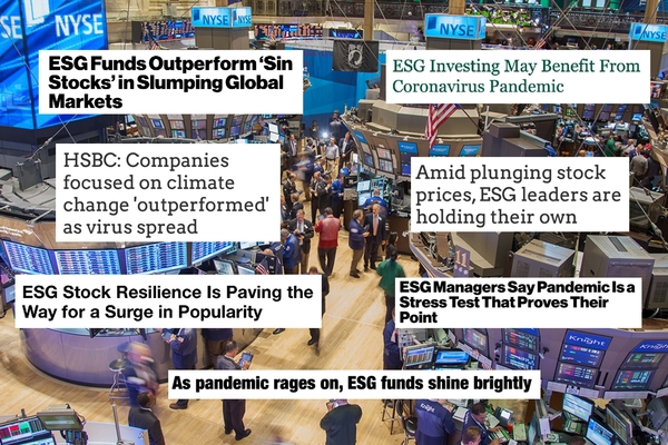 Headlines focusing on ESG stock resilience superimposed on a photo of a stock market exchange flor