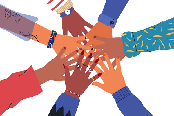 Illustration of 7 hands with a range of skin colors reaching out and meeting in the middle