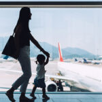 A woman and child hurry