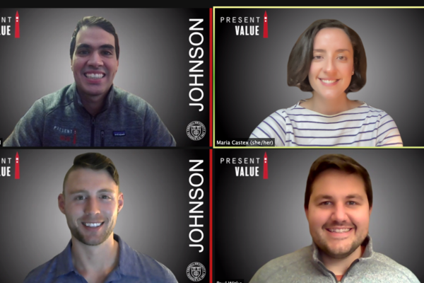 Four student leaders conduct a Board meeting over Zoom.