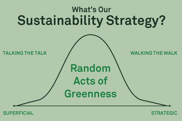 A normal distribution graph (bell curve) that represents the type of sustainability strategies usually undertaken by companies. In the middle is “Random Acts of Greenness”, meaning that most companies don’t have a concrete sustainability strategy. Few companies actually “walk the walk” in terms of having an impactful, consistent sustainability strategy.