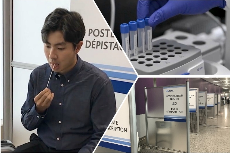 Image of a man self-testing for covid at the Toronto Pearson Airport