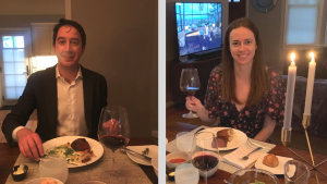 A Photo of Lindsay McAleer, a graduate of Cornell’s College of Human Ecology in 2009, and her husband, enjoying a delivery service meal from Canlis for her wedding anniversary dinner.