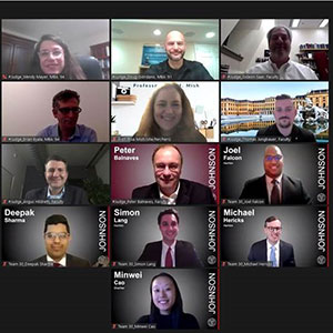 Zoom screen shot of Johnson’s 2020 Integrative Case Competition judges and winning team members