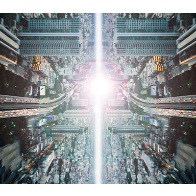 Futuristic image of streets and buildings merging into a bright, white star in the center