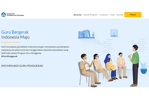 On the right side is a cartoon image of 4 people sitting in chairs in a semi-circle facing a person standing holding a book; on the left side is text in Bahasa Indonesia.