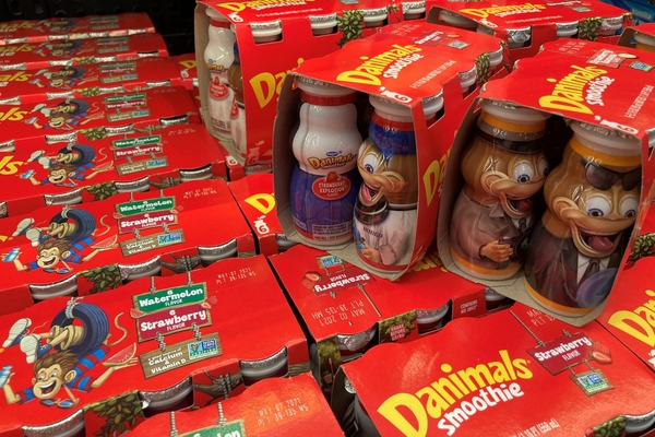 an image of Danimals yogurt in bright red packaging with cartoon animals on it