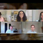 A screenshot, showing the five webinar panelists smiling during the online event.