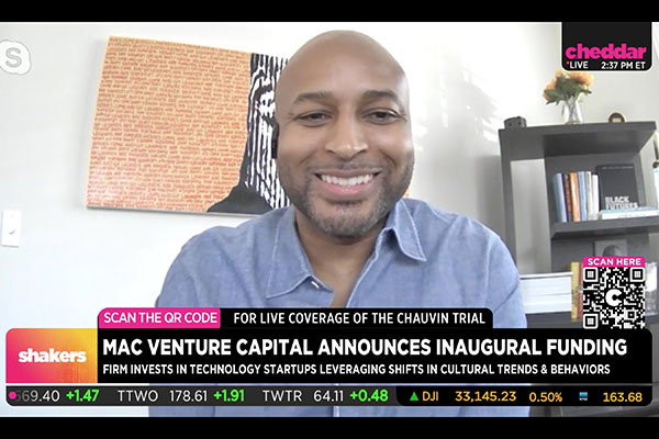 TV screen shot of Marlon Nichols with text banner, MaC Venture Capital Announces Inaugural Funding