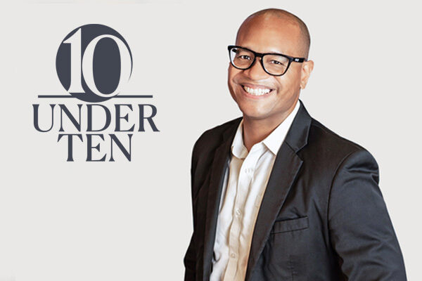 upper body photo of Morgan Jones with a white background and a graphic treatment of 10 Under 10 overlaid on the photo